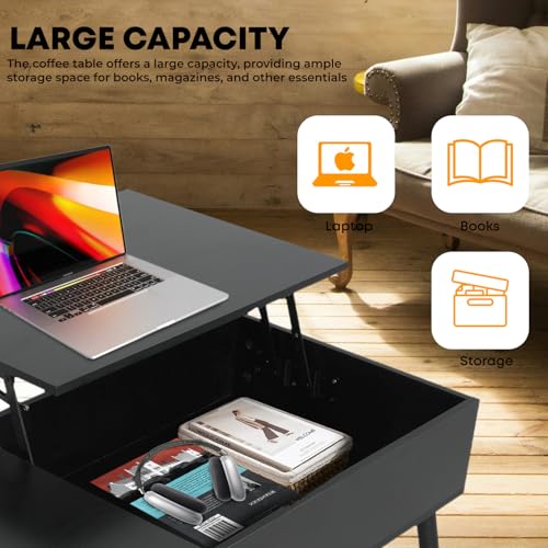 MGHH Wood Lift Top Coffee Table with Hidden Compartment & Adjustable Storage Shelf, Side Tables Lift Tabletop Dining Table for Home Living Room, Office, Reception Room, Black - Thumbnail 5