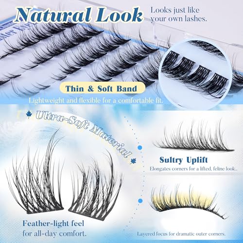 Image of Natural Lash Clusters Kit Cat Eye Wispy DIY Lash Extension Kit Wispy Clusters Eyelash Extension Kit Thin Lash Band Individual Lashes Lash Bond and Seal and Tweezers for Lash Clusters Kit DIY at Home