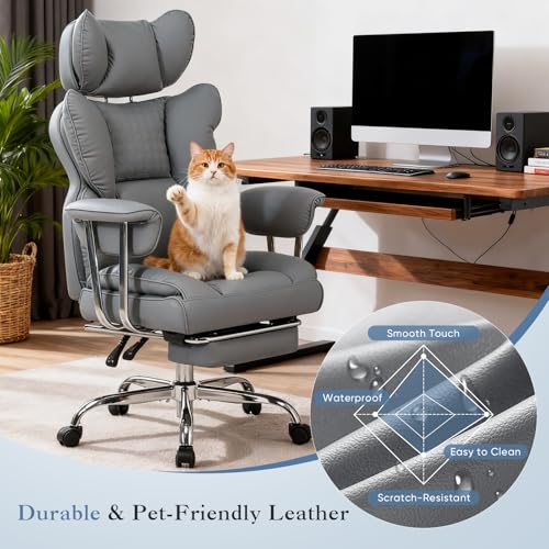 Image of DUMOS Big and Tall Office Chair 400 LBS, Scratch-Resistant PU Leather Executive Office Desk Chair with Footrest, Ergonomic Reclining Computer Chairs with Pocket Spring Support, Grey