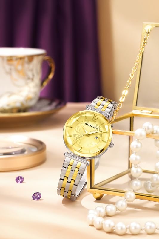 Image of Giordano Exquisite Analog Watch for Women with Round Cut Glass Textured Dial, Date Display Function, Quartz Movement and Stainless Steel Strap - GZ-60111