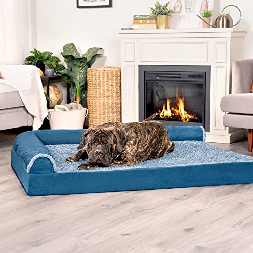 Image of Furhaven Cooling Gel Dog Bed for Large Dogs w / Removable Bolsters & Washable Cover, For Dogs Up to 125 lbs - Two-Tone Plush Faux Fur & Suede L Shaped Chaise - Marine Blue, Jumbo Plus /XXL
