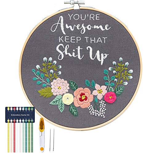 You're Awesome Keep That Up - Embroidery Kit for Beginners, Cooliya Embroidery Starter Kit Craft Kit Cross Stitch Kit Including Patterned Embroidery Cloth Hoop Threads Needles Scissors (Gray)