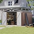 Aoxun 9.5 x 9.5 FT Outdoor Storage Shed with Lockable Door Outdoor Large Metal Shed Waterproof Tool Shed Storaging Tool, Bike for Paio, Lawn, Brown