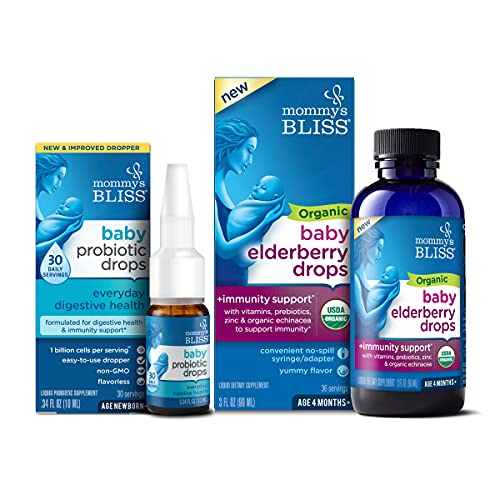 Image of Mommy's Bliss Baby Probiotic Drops Everyday 30 Servings (Pack of 1) with Organic Baby Elderberry Drops 36 Servings (Pack of 1), Support Baby's Immunity