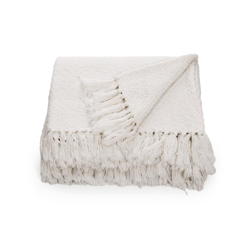 Image of Nestora Knitted I Cotton Throw 50 X 70 Inches Decorative Living Room Couch and Sofa Knitted Blanket with Tassels