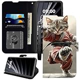 BWEGRHE Samurai Cat Handyhülle für Cricket Magic 2 5G 2024, ATundT Propel 2 5G, Brieftaschen-Hülle, PU-Leder, TPU, Klappfunktion, Magnetschnalle, Ständer, mit Kreditkartenschlitz, Handschlaufe