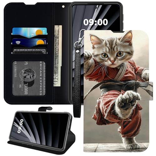BWEGRHE Samurai Cat Handyhülle für Cricket Magic 2 5G 2024, ATundT Propel 2 5G, Brieftaschen-Hülle, PU-Leder, TPU, Klappfunktion, Magnetschnalle, Ständer, mit Kreditkartenschlitz, Handschlaufe