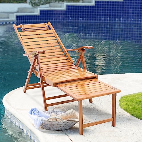 Warmiehomy Chaise longue de jardin pliable en bambou avec dossier réglable 5 positions et...