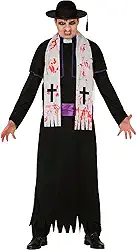 Fantasia Masculina Adulta de Halloween Roupa de Padre Assassino Medieval Tunica Preta e Estola Sacerdote com Sangue