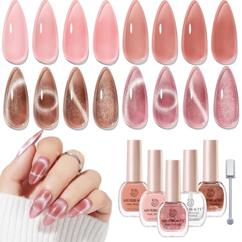 Image of AZUREBEAUTY Cat Eye Nail Polish Set, 4 Colors Magnetic Nude Jelly Glitter Quick Air Dry Non Gel Natural Fingernail Lacquer Strengthening Treatment Kit with Top Coat DIY Salon at Home