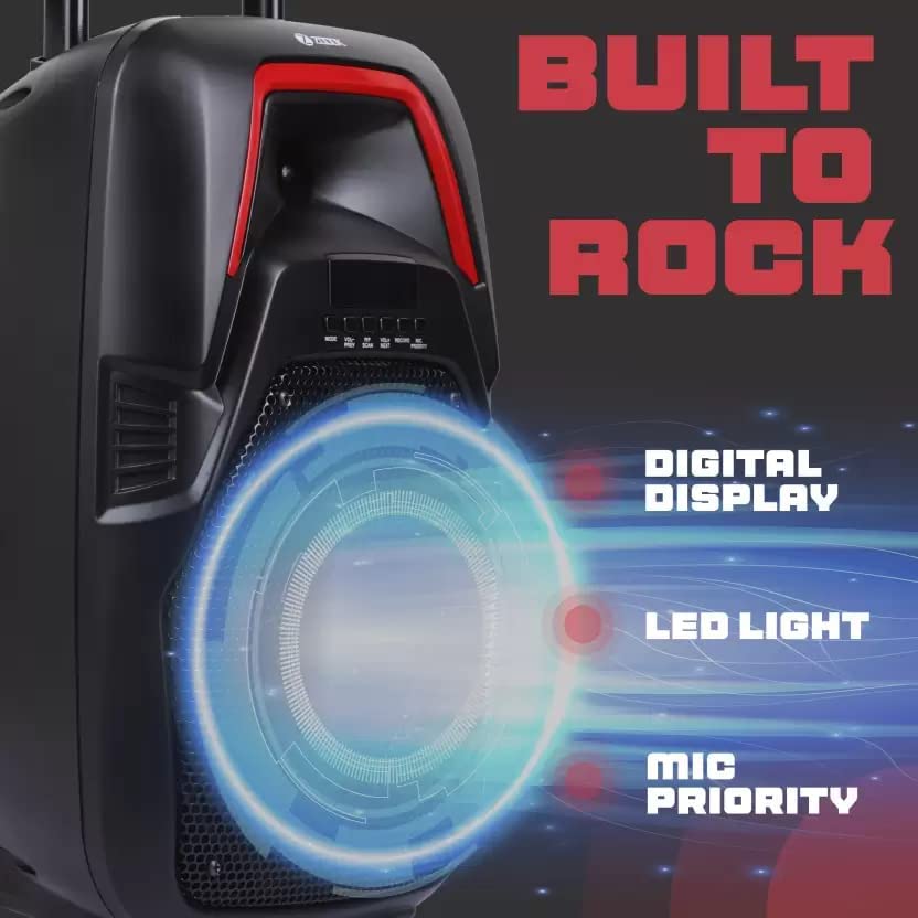 Close-up of the Zoook Hurricane 100 W Bluetooth Party Speaker's control panel, showing the digital display, LED light, and microphone priority function.