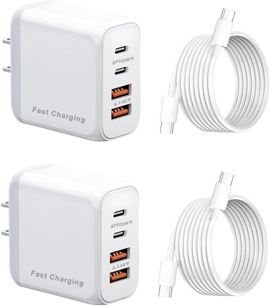 40W USB C Wall Charger with 4FT Cable, 4-Port, PD Power Adapter + QC Wall Plug Multiport Type C Charging Block Cube, for i Phone 17/16/15/14/13 (2A+2C-2)