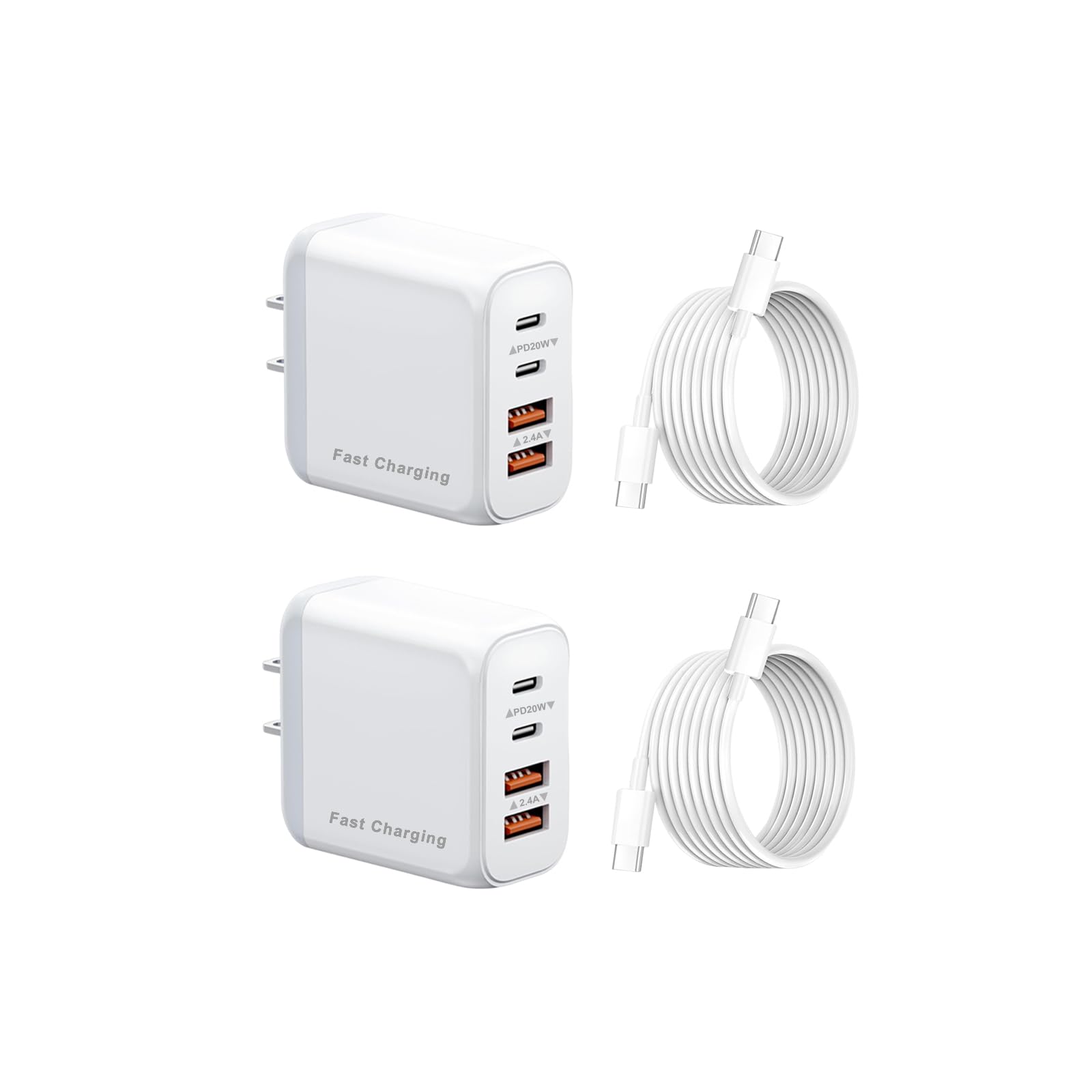40W USB C Wall Charger, 4-Port,40w PD Power Adapter + QC Wall Plug Multiport Type C Charging Block Cube, A+C Charging Blocks USB-c Fast chargingCompatible with i Phone 16/15/14/13 (White)[2-Pack]