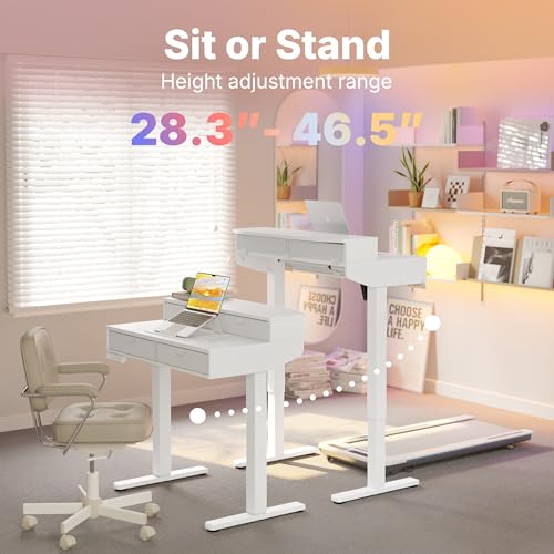 Image of HUANUO 32 X 20 inch Electric Standing Desk with 4 Drawers, Adjustable Height Sit Stand Home Office Desk, C-Clamp Mount Compatible, Ergonomic Stand up Desk with 4 Preset Heights, White
