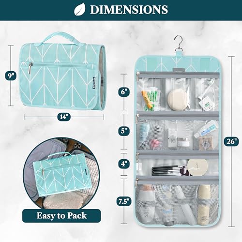 PAVILIA Hanging Toiletry Bag Women Men, Travel Kit Foldable Large Toiletries Organizer, Roll up Cosmetics Makeup Bag Accessories, Waterproof Essentials Jewelry Case (Teal Chevron)2