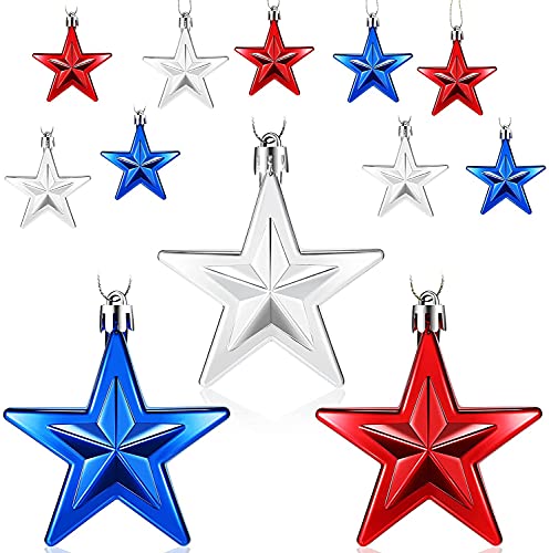 4th of July Patriotic Star Ornaments-36 Pack Christmas Hanging Ball Decorations, Patriotic Star Shaped Decoration for Home Decor Party Indoor & Outdoor (Red, Silver, Blue)