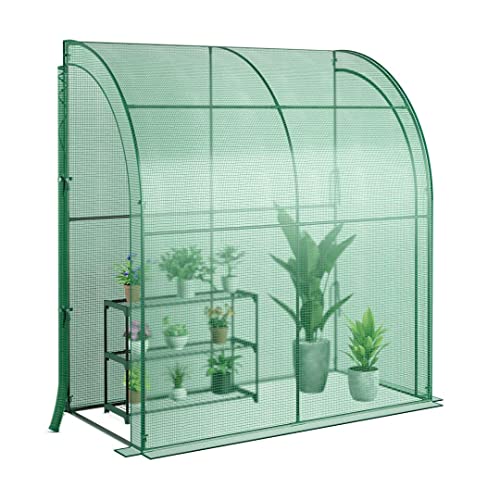 GiantexUK Mini Walk-in Greenhouse with Flower Rack, Portable Lean-to Green house with Weatherproof PE Cover & Roll-up Zipper Doors, Wind-proof Outdoor Garden Plants Grow House