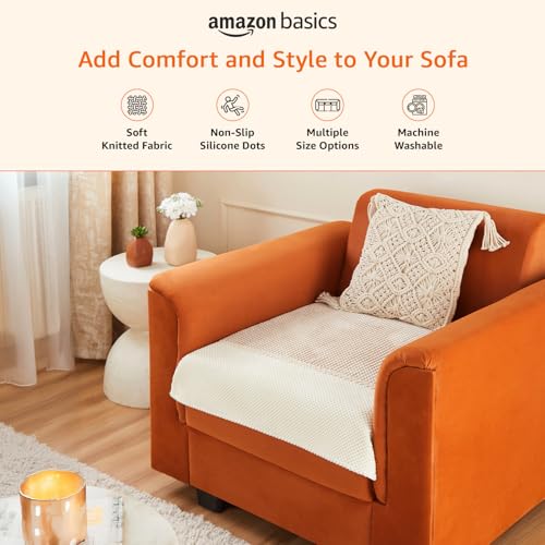 Image of Amazon Basics Knitted Fabric Sofa Cover for Single Seater, Playful Polka Dots, Non-Slip Sofa Pad, 70x70 cm, Soft Silicone Grip Dots, 100% Polyester, Machine Washable - Camel