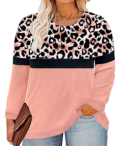 RITERA Womens Plus Size Tops Leopard Print Shirts Color Block Blouses Fall Pullover Tunic Blouses Leopard-Pink 3XL