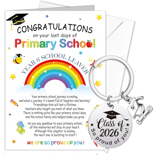 HOWAF Primary School Leavers Gifts 2026 Card School Leavers Gifts Year 6 Congratulations Card with Envelope & Class of 2026 Decorations Keyring Graduation card End of Term gifts for Children