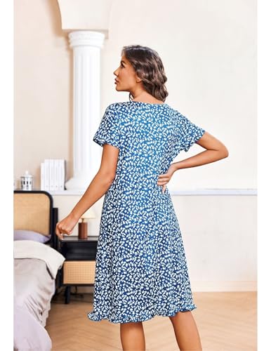 Image of Ekouaer Nightgowns for Women with Pockets Button Front Short Sleeve House Dresses Floral Print Mumu Dress