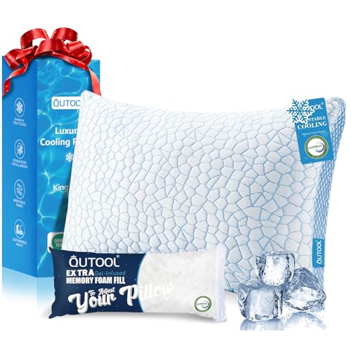 Image of QUTOOL Enhanced Cooling Pillows for Sleeping, CertiPUR-US Shredded Memory Foam Pillows King Size Set of 1 for Hot Sleeper, Adjustable Bed Pillow for Side, Back, Stomach Sleepers Support Yet Soft, Blue