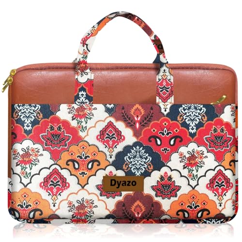 Image of Dyazo 14.1 Inch Laptop Sleeve for Women | Printed Jute & Vegan Leather Laptop Bag with Handle & Zip Closure | Lightweight Protective Carrying Case for MacBook, Dell, HP, Lenovo, Asus, Acer & Notebooks