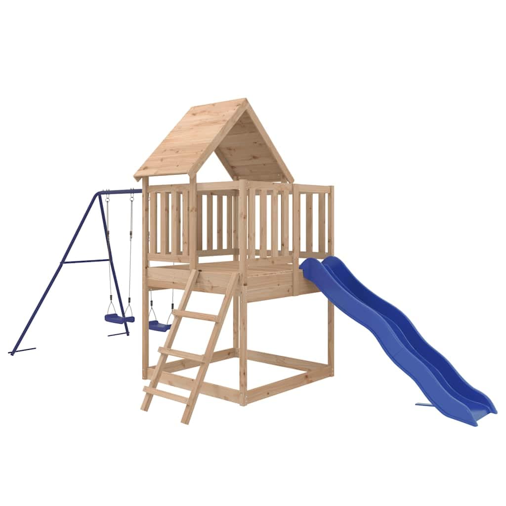 Spielturm Massivholz Kiefer mit Wellenrutsche und Doppelschaukel Set, Gartenspielzeug für Kinder 3-8 Jahre, Outdoor Spielhaus mit Klettergerüst, Sandkasten, Leiter und Sicherheitsgeländer