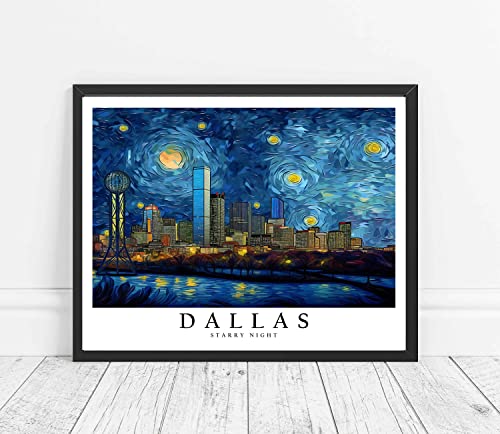 Dallas Unframed Art Print Poster, Van Gogh Starry Night Theme Wall art Painting Decor, Art Home Skyline Artwork For Bedroom, Bathroom, Living Room 51 (Dallas, 20"L x 16"W, Unframed)