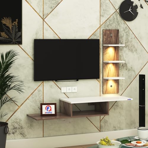 Image of Thomas Engineered Wood LED Light TV Unit Wall Mounted TV Unit Wall TV Stand TV Cabinet for Living Room, Set Top Box Stand - CoachWood /White (D.I.Y - Do-It-Yourself) Ideal for Up to 43 inch Inches