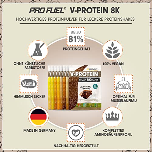 Veganes Protein-Pulver Proben-Paket, 8x30g Mix-Pack - alle Geschmacksvarianten in einer Mix-Box – unglaublich lecker - pflanzliches Protein mit 73-81% Eiweiß | V-PROTEIN 8K Probe