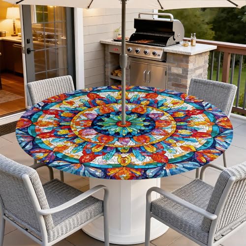 ARTSGOO Outdoor Tablecloth with Umbrella Hole and Zipper Waterproof Round Fitted Tablecloth with Elastic Edge, Wipeable Outdoor Table Cover for Patio, Garden, Picnic Fits 53-60" Round Tables by ARTSGOO - Used condition - Image 7