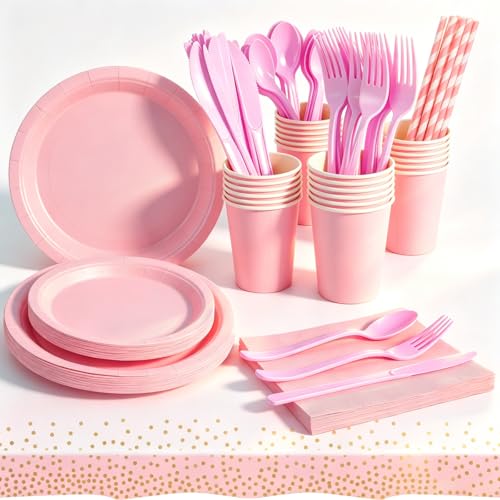PYAILI Pink Paper Plates, 193PCS Disposable Dinnerware Set Serves 24
