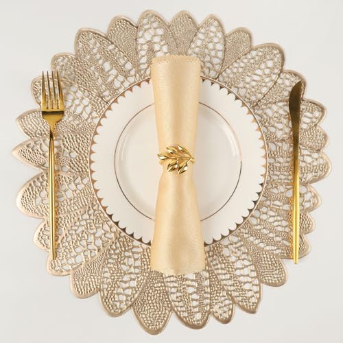 Evevda Placemats for Dining Table Set of 6 Gold Round Hollow Out Table Mats Pressed Metallic Vinyl Plastic Place Mats Table Decoration for Holiday Wedding Accent Centerpiece(Gold Flower)