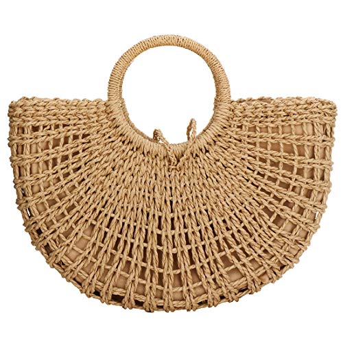 Handwoven Rattan Top-Handle Bag For Women Bohemian Round Straw Tote Bag Beach Large Carrying Handbag (Black) #TOP4
