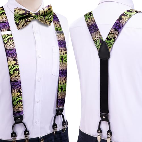 Image of Dubulle Suspender and Bow Tie for Men Paisley Solid Mens Suit Braces Pretied Bowtie and Handkerchief Cufflinks Formal Wedding