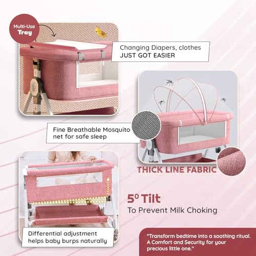 Image of Premium 6-in-1 Baby Bedside Cot, Crib, Cradle Portable All-Mesh Bassinet with Multi-Purpose Tray,Wheels, Storage Basket, and 6 Height Adjustments, for Newborns- Pink