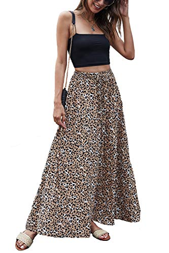 Bluetime Women Casual Summer Chiffon Long Skirts Leopard Print Pleated Elastic High Waisted Maxi Skirts (L, Floral7)