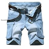 KJHD Men's Summer Light Blue Denim Shorts Multi Pocket Men's Loose Straight Shorts Men's Overalls Sh