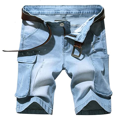 Short denim bleu clair d'été masculin multi poche idéal pour les vacances