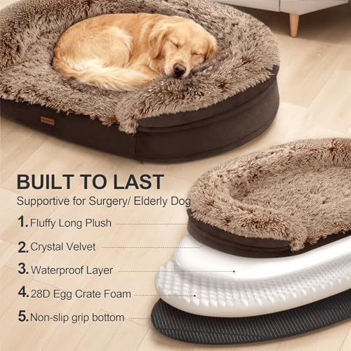 Image of iweepet Fluffy Orthopedic Dog Beds for Large & Extra Large Dogs, 41 inch Calming Dog Sofa Bed with Supportive 28D Egg-Crate Foam, Removable Washable Cover, Waterproof Lining, for Puppy,Senior,Sick