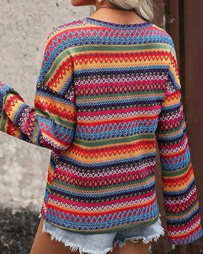 BAIMORE Women's Fashion Round Neck Colorful Striped Long Sleeve Knit Pullover Sweater4