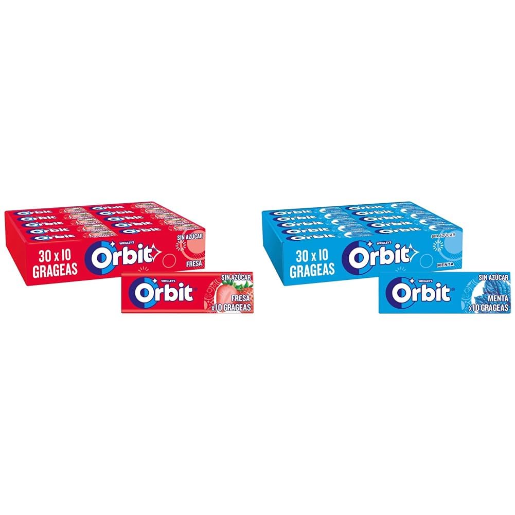 Orbit Chicles Sin Azúcar Sabor Fresa, Afrutado, Intenso y de Larga Duración en formato Gragea (30 x 10 chicles) & Chicles Sin Azúcar Sabor Menta, Fresco, Intenso y de Larga Duración en formato Gragea