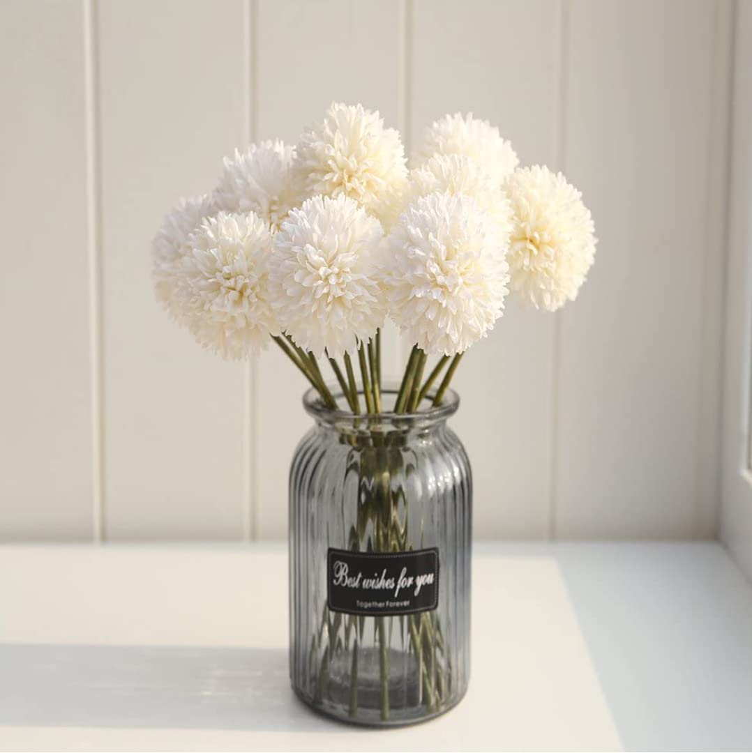 VRB Dec™ (5 Pcs Artificial Chrysanthemum Ball Hydrangea Fake Flowers Sticks Bunch for Home Decor,Room Decorations, Living Room Table Decoration Plants (Without Vase Pot) (White)