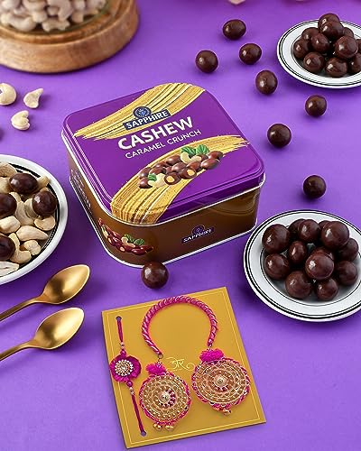 Image of Rakhi for brother and bhabhi with chocolates Sapphire Cashew Caramel Coated 90g Chocolates Gift Pack rakhi combo bhaiya bhabhi with chocolate bhaiya bhabhi rakhi with chocolate