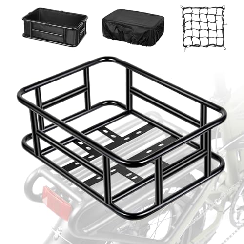 PIREKZUNT Bike Basket, 16.5"X12.6"X6" Ebike Rear Basket with Liner,Waterproof Cover,Cargo Net Large Rear Removable Metal Bike Basket, Heavy Duty E Bike Rear Basket