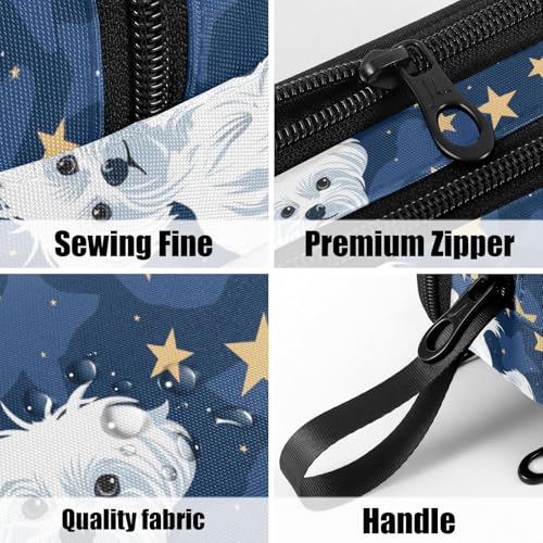 Image of Fustylead Cute Cartoon Maltese and Stars Pen Pencil Case Makeup Pouch Big Capacity Multi-Purpose Travel Bag Office Organizer with Zipper