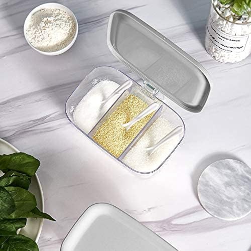 WICHEMI Clear Seasoning Storage Box Container Condiment Jars Kitchen Spice Pots Seasoning Rack Acrylic Seasoning Box with Cover and Spoon, 3 Compartment (Grey)