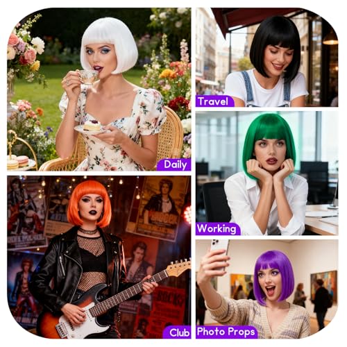 Image of 2 Pack Light Purple Short Bob Wig with Bangs for Women, ROOKEA Girls Neon Bobs Colorful Party Wigs with Heart Sunglasses for Cosplay Bachelorette Costume Party Carnival Musicals Fancy Dress Drag Queen