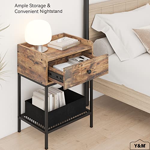Y&M Nightstand, 2-Tier Side Table With Drawer, Modern Bedside Table Night Stand Storage Shelf For Small Spaces, Bedroom, Living Room, Wooden Accent Table With Metal Frame - Rustic Brown And Black #TOP3
